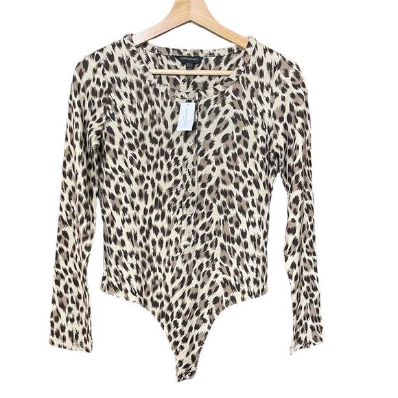 Banana Republic Womens Sz Small Henley Bodysuit Leopard Animal Print Long Sleeve - Picture 1 of 10
